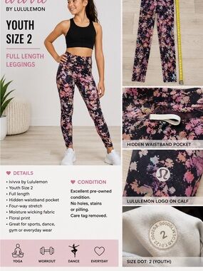 ivivva by Lululemon Girls Size 2 Floral Full Length Leggings Hidden Pocket